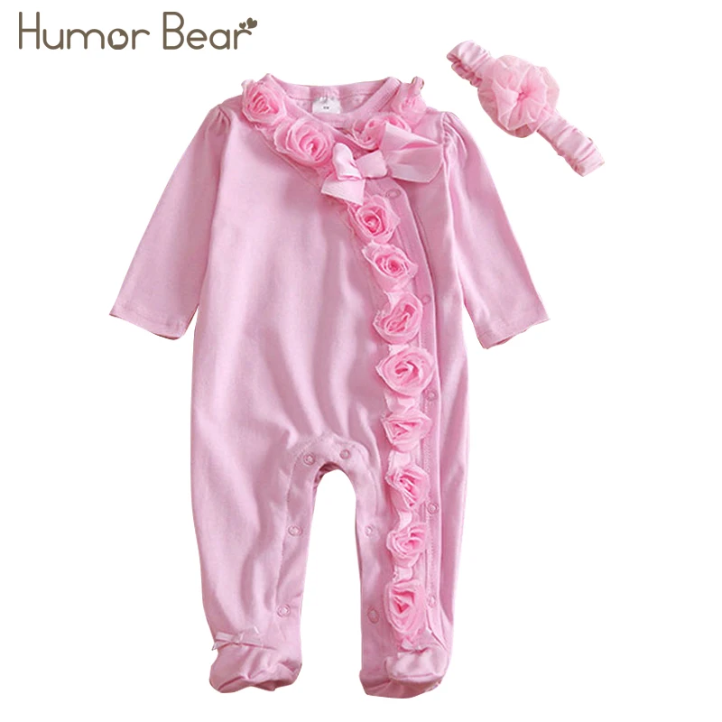 Humor Bear/Новые для маленьких девочек одежда с бантом/цветы ползунки Костюмы Комплект комбинезон и повязка 2 шт. милые детские cirls Rompers