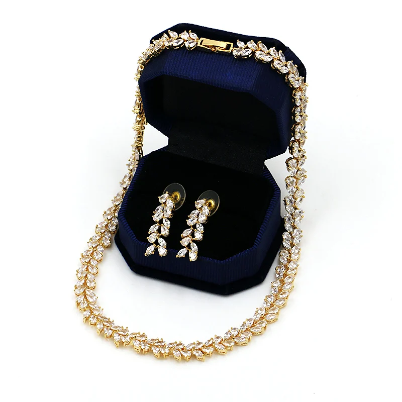 Набор из 3 кубических циркониевых листьев дизайн теннис ожерелье серьги и браслет свадебный ювелирный набор из белого золота покрытием