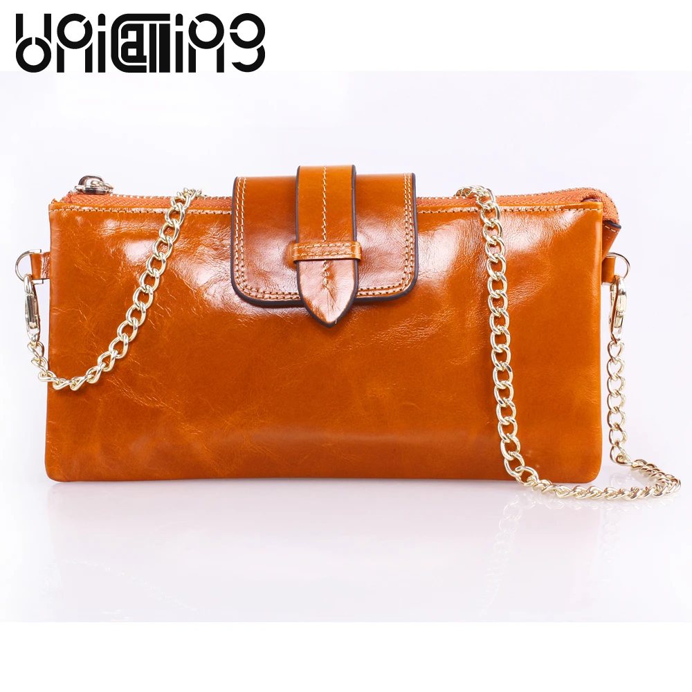 

European and American Style Genuine Leather Long Fashion Women Wallets zipper hasp mini Chain messenger bag Large Capacity