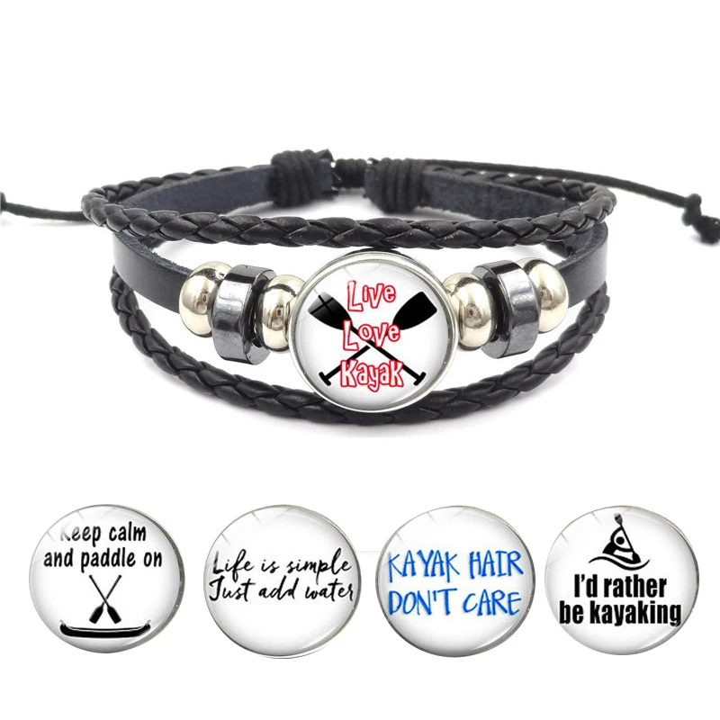 

Kayak Lovers Gift Diy Multi-layer Woven Leather Bracelet Water Sports Glass Cabochon Bracelet 5 Style Optional