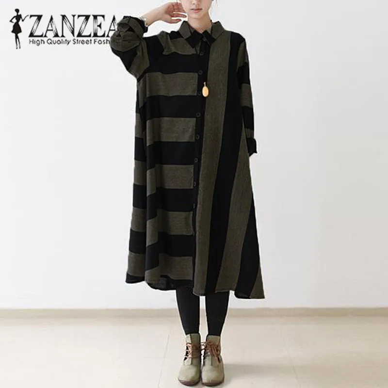 

2017 Autumn ZANZEA Women Casual Loose Striped Long Shirt Dress Turn-down Collar Buttons Long Sleeve Vintage Vestido Plus Size