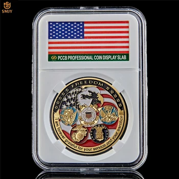 

USA USMC Navy Army Five Army Guards Gold US Freedom Eagle Military Challenge Commemorative Coin Collection W/PCCB Display