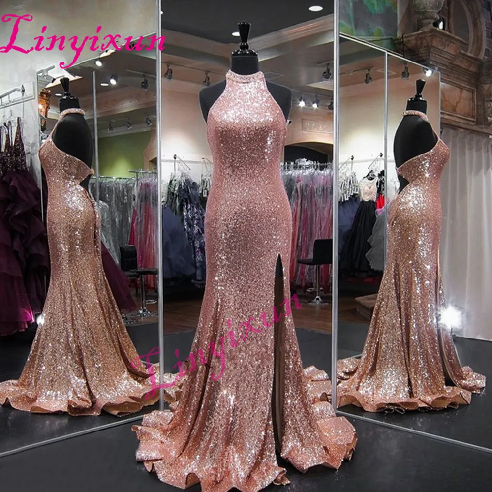 Vestido de Festa Longo Шампань с высоким горлом расшитое блестками длинное вечернее платье Sparky открытая спина сплит сторона сексуальные женские Выпускные платья