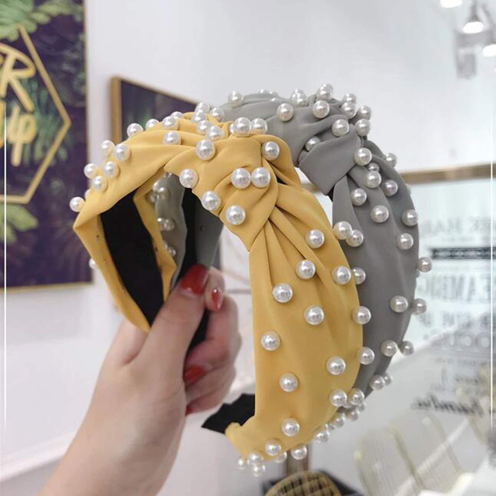 

New Fashion Girls Hair Accessories Turban Handmade Pearls Hairband Retro Elegant Knot Headband Women Hair Accessories