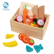 Деревянная коробка, кухонные игрушки, настоящая жизнь, резка фруктов, овощей, миниатюрная еда для детей, деревянные детские Игрушки для раннего образования
