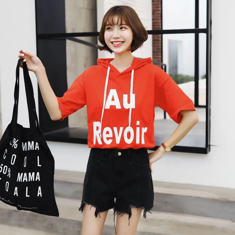

Letter Print Women Sweatshirt Short Thin Tide Short Sleeve Blackpink Cotton Trend Hooded Sudaderas Casual Summer Clothes TQ0335W