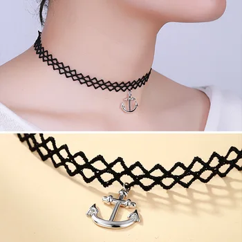 

L&P New Fashion 925 Sterling Navy Anchor Lace Necklace For Women Hot Sale Black Lace Pendant Necklace Jewelry Wholesale
