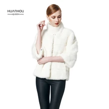 HUANHOU QUEEN new arrival fashion slim real women’s mink fur coat,nature white mink fur three quarter sleeeve with full pelt.