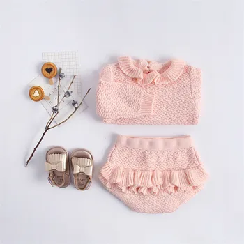 

Soft breathable newborn baby girls clothing set autumn winter cotton long sleeve petal collar pullovers+shorts suit for girls