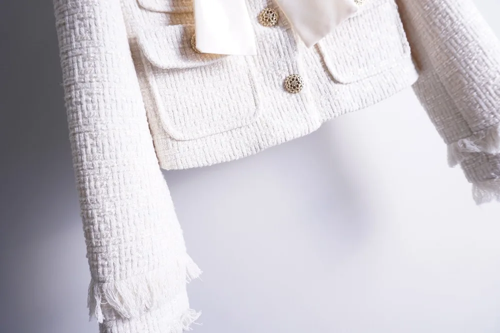 Брендовый женский шерстяной комплект из 2 предметов, зима, Женский однобортный короткий пиджак из твида с золотым бантом+ юбка-карандаш с кисточками, костюм