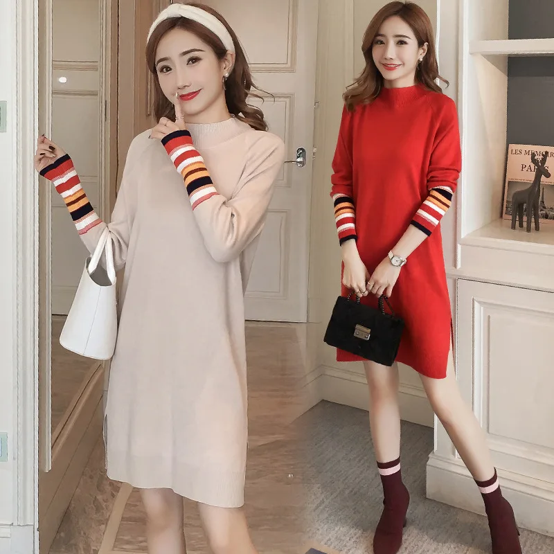

BONJEAN Fashion Maternity Dress Autumn Cotton Knitted O-neck Long Sleeve Sweater Dress For Pregnant Women Pregnant Clothes