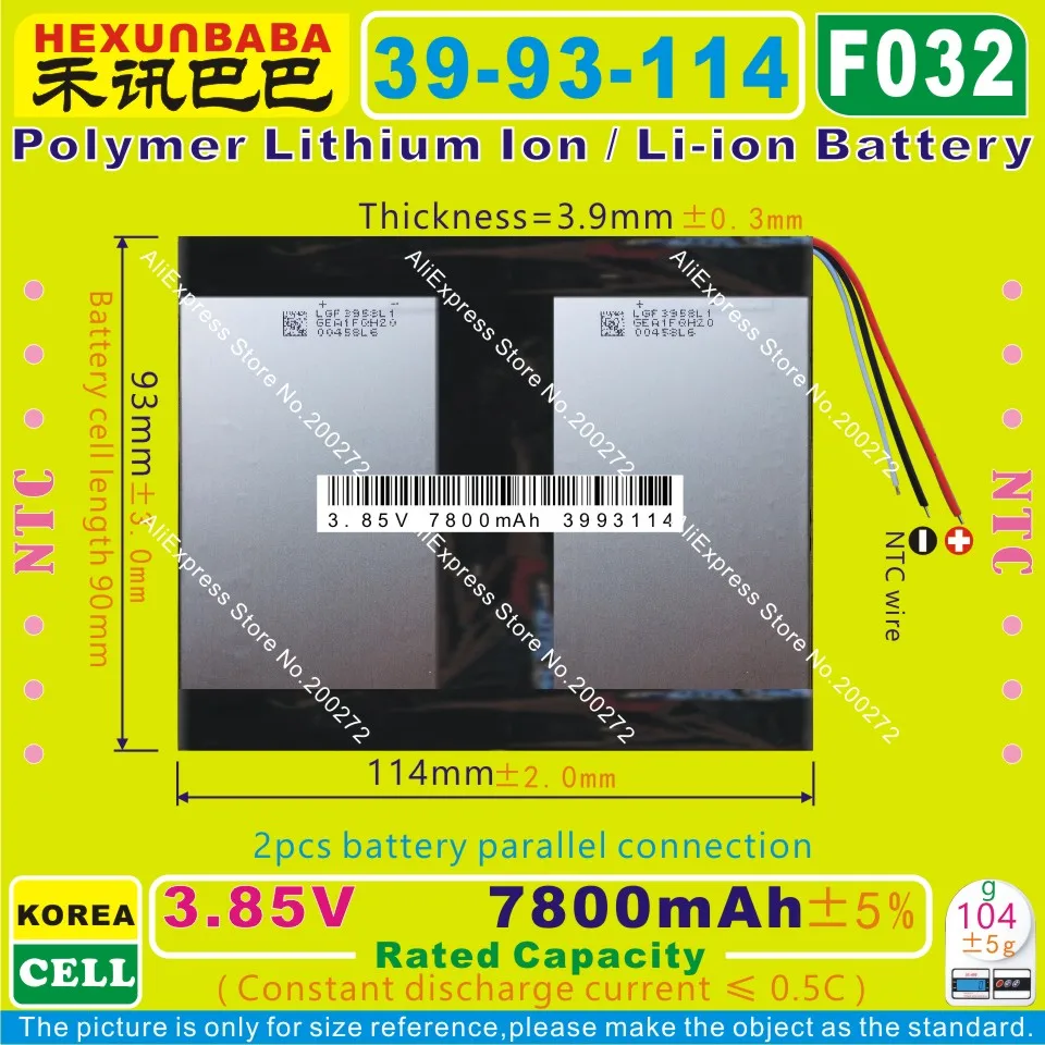 

[F032] 3.85V,3.8V,3.7V 7800mAh [3993114] PLIB ( polymer lithium ion / Li-ion battery ) for tablet pc,Power bank,E-BOOK;GPS
