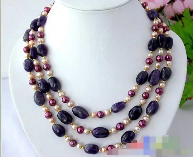 

song voge gem nanJ0835 3ROW NATURE ellipse AMETHYST ROUND PEARL NECKLACE