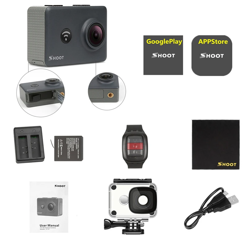 

SHOOT T31 Waterproof WiFi 4K 1080P 60FPS Ultra HD Sport Action Camera with 170 Degree Wide Angle + Remote Watch + APP Control