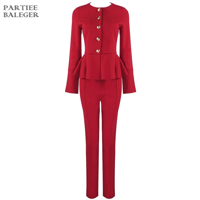 Hot Trendy Two pieces Sets Buttons Design Ruffles Long Sleeves O Neck Celebrity Party Pant Suits