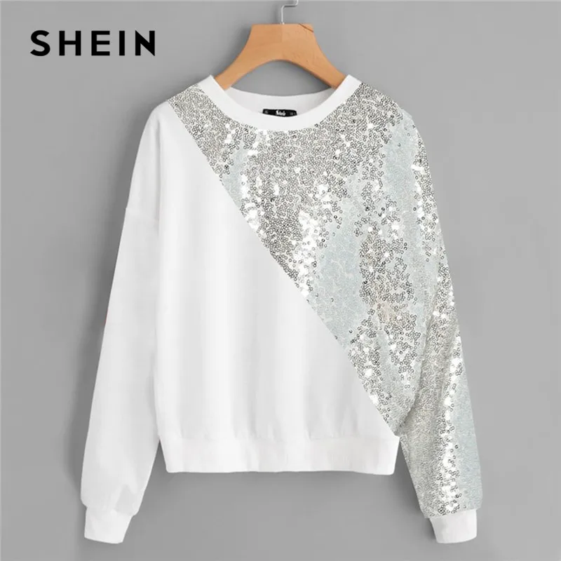 SHEIN الأبيض زائد حجم قطرة الكتف Preppy نمط غير المتكافئة الترتر لوحة المرأة البلوز طويلة الأكمام الخريف عارضة البلوفرات