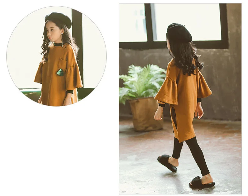 teenage girls long sleeve dresses with pockets autumn spring 2018 brown green long sweatshirts hoodies dress baby girl clothes (10)