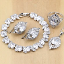 Натуральный 925 стерлингового серебра Свадебные украшения белый циркон комплекты украшений для женщин Свадебные серьги подвеска ожерелье кольца браслет