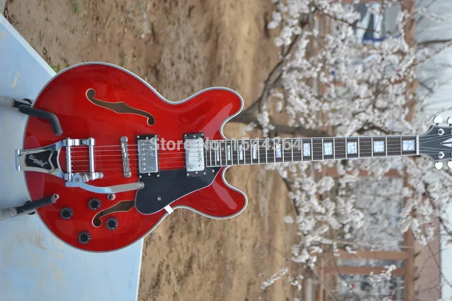 Cheap Red Classic Semi Hollow ES335 Jazz Guitar +Bigbys Tremolo system Silver hardware High Quality Musical instruments Free Shipping