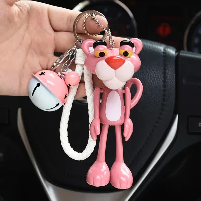 

Cute Anime Cartoon Pink Panther Leopard Bell Keychain Women Leather Strap Metal Key Ring Chains Car Purse Bag Charm Trinkets D28