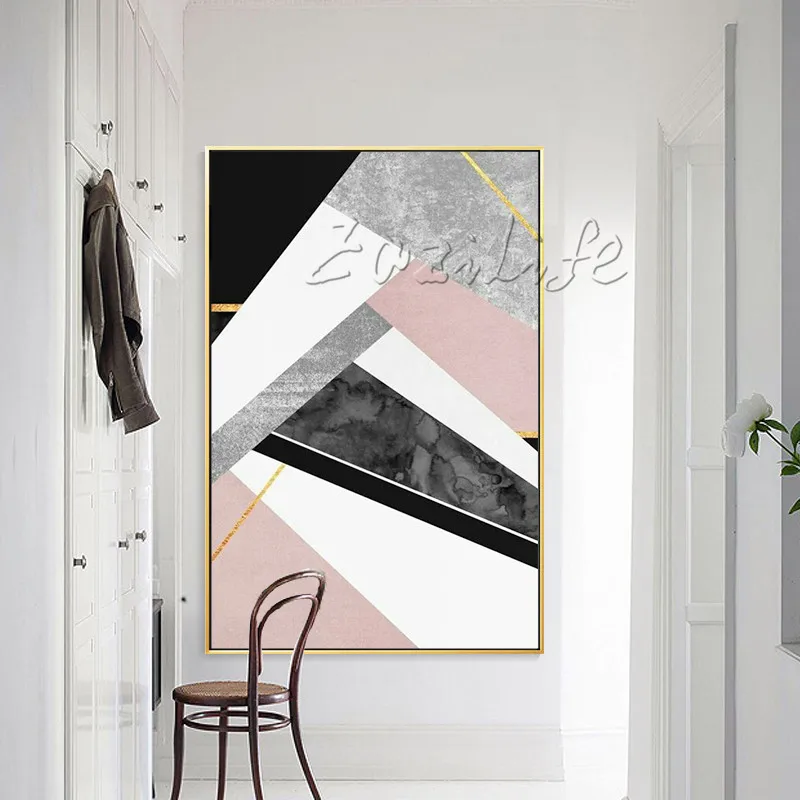 

Geometric Triangular Pink Black White Grey Painting Acrylic Wall Art Pictures Canvas Painting for living room Home Decor