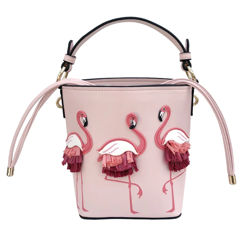 Pink Flamingo Bag Women Leather Bucket Messenger Mini Bags Shoulder