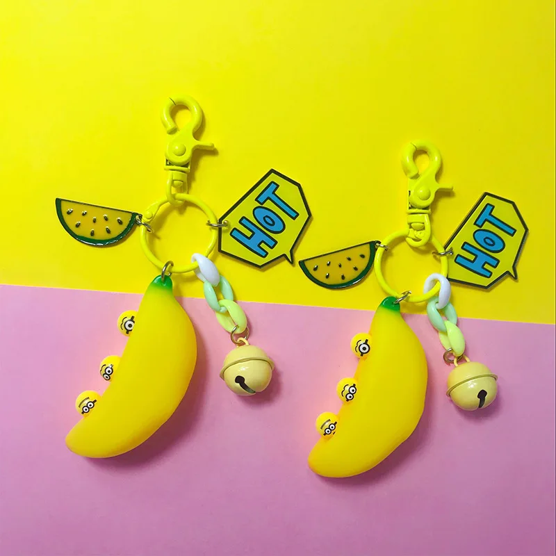 

New Hot Keychain PVC cute yellow banana keychain key chain decompression artifact key holder bag pendant keyring gift women