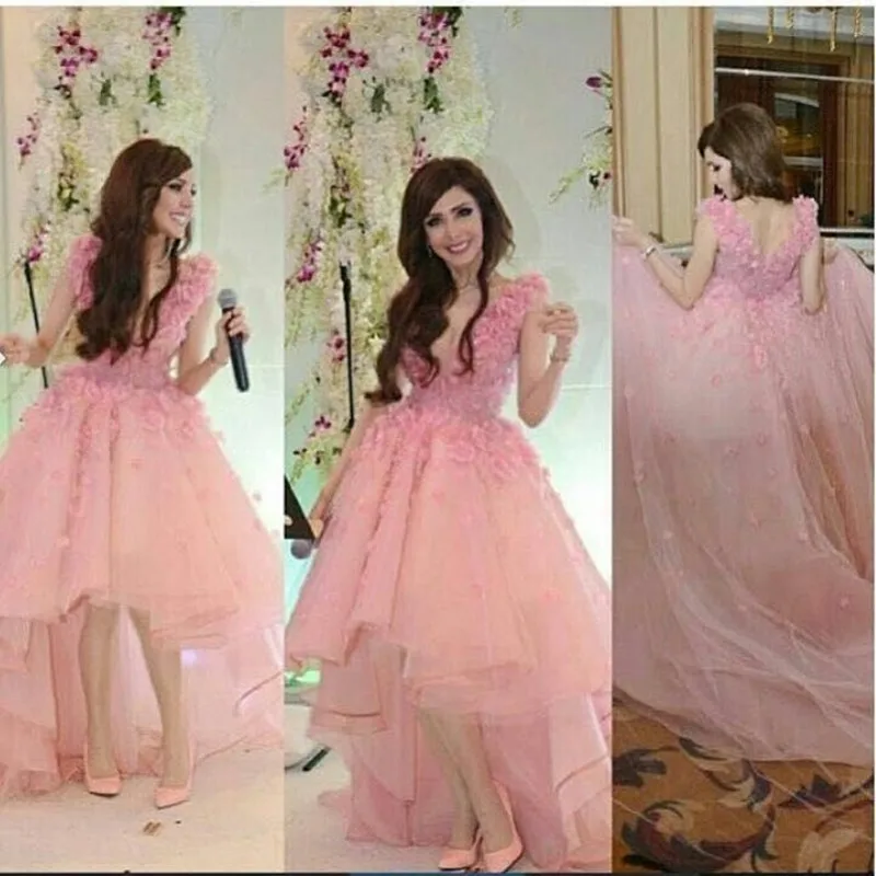 Pink Prom font b Dress b font Short Front Long Back Tulle Flowers V Neck font