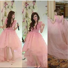 Rosa Abendkleid Kurze Vordere Lange Zurück Tüll Blumen V-ausschnitt Cocktailkleider Arabische Promi Prom Dresses Schnelle Lieferung
