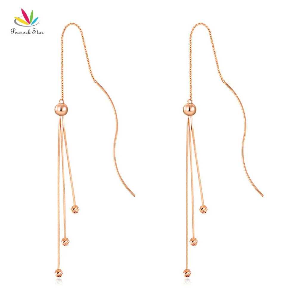 

Real Solid 18K Rose Gold Long Line Earrings Drop Dangle Ball Stylish