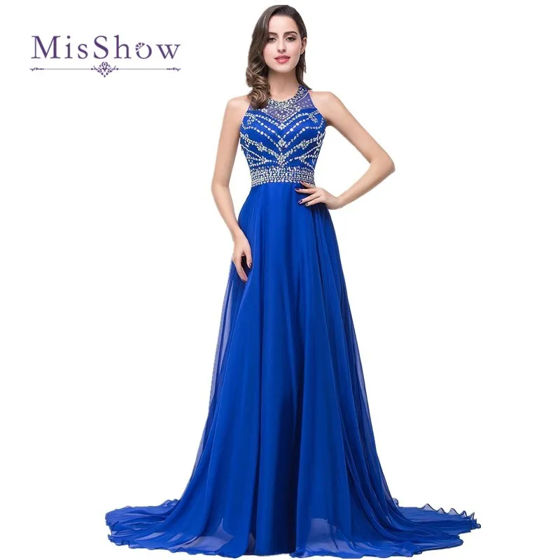 Clearance Sale! Long Prom Dresses Royal Blue Beaded Chiffon Evening Party Formal Prom Dress Sexy