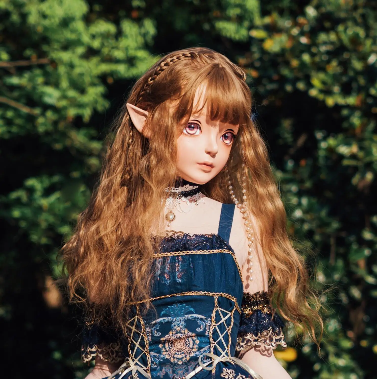 

(KM911)Handmade Female Girl Resin Half Head Cosplay Japanese Role Play BJD Kigurumi Mask With Elf Ear Crossdresser Doll