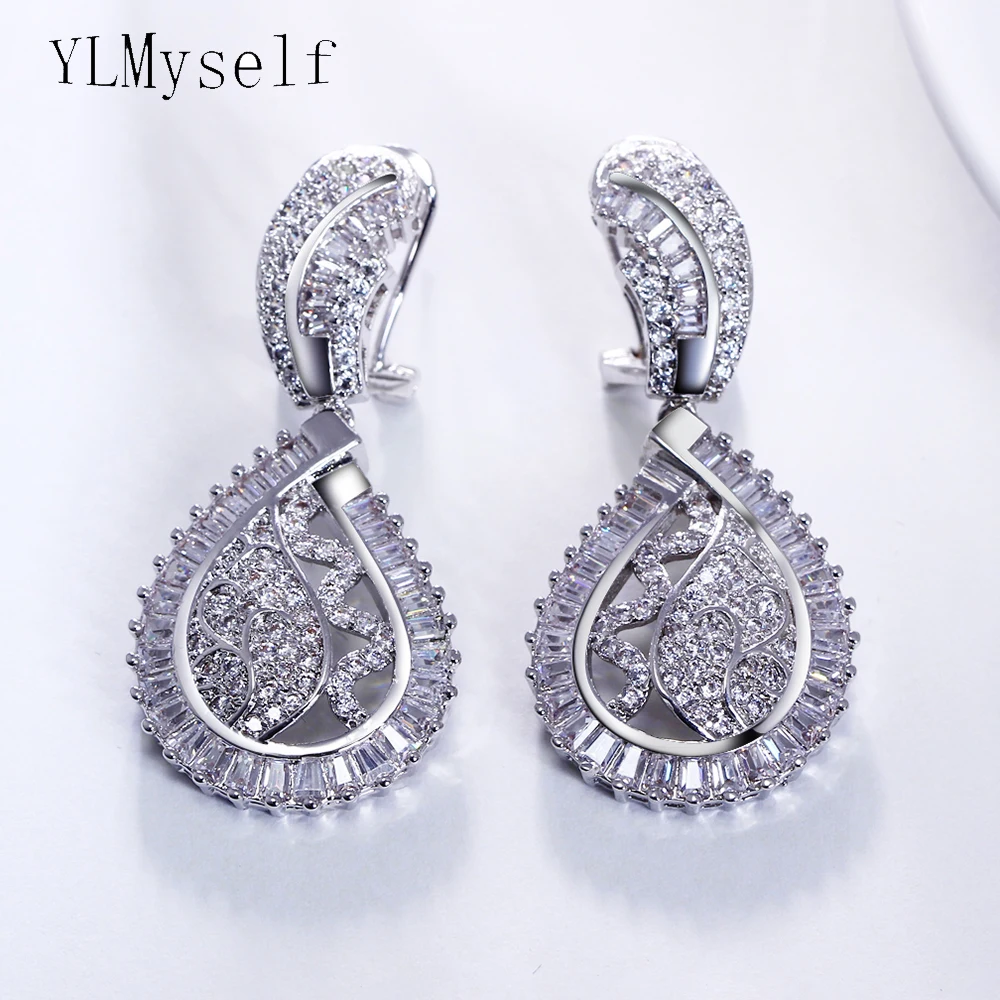 Long drop earrings zircon crystal stones aretes women white dangling earring party Jewelry wedding Accessories