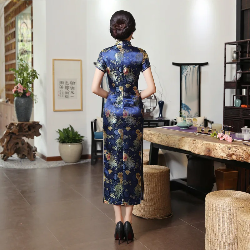 Высокое качество темно-синий атлас Cheongsam Винтаж ручной работы кнопка Леди Qipao короткий рукав новинка длинное платье C0136-D