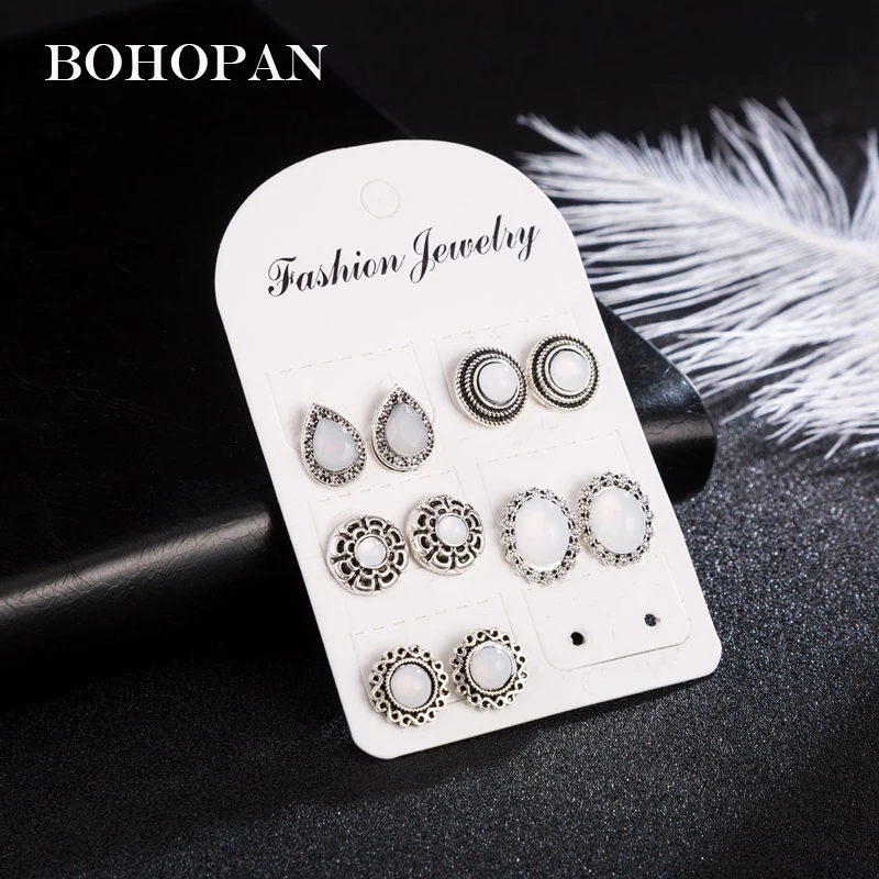 

5Pair Stud Earring Set For Women Geometric Round Water Drop Shape Opal Stud Earrings Boho Vintage Fashion Jewelry Party Gifts