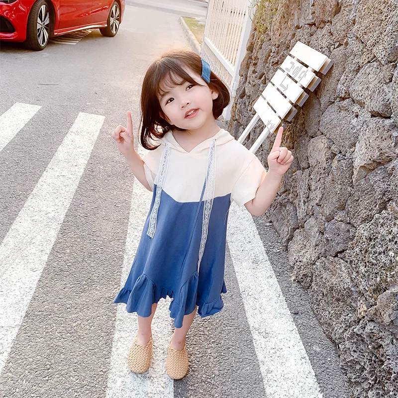 

Cute Children's Solid Dress 2019 Blue Orange Summer Girls Lace Streamer Dresses Toddler Girls Wear For Baby 2 3 4 5 6 Years