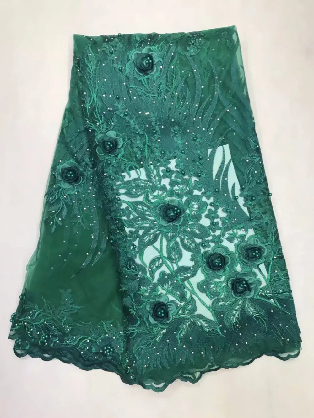 

Middle transparent emerald green African Swiss voile lace original chiffon fabric with stones Appliques beads Healthy use