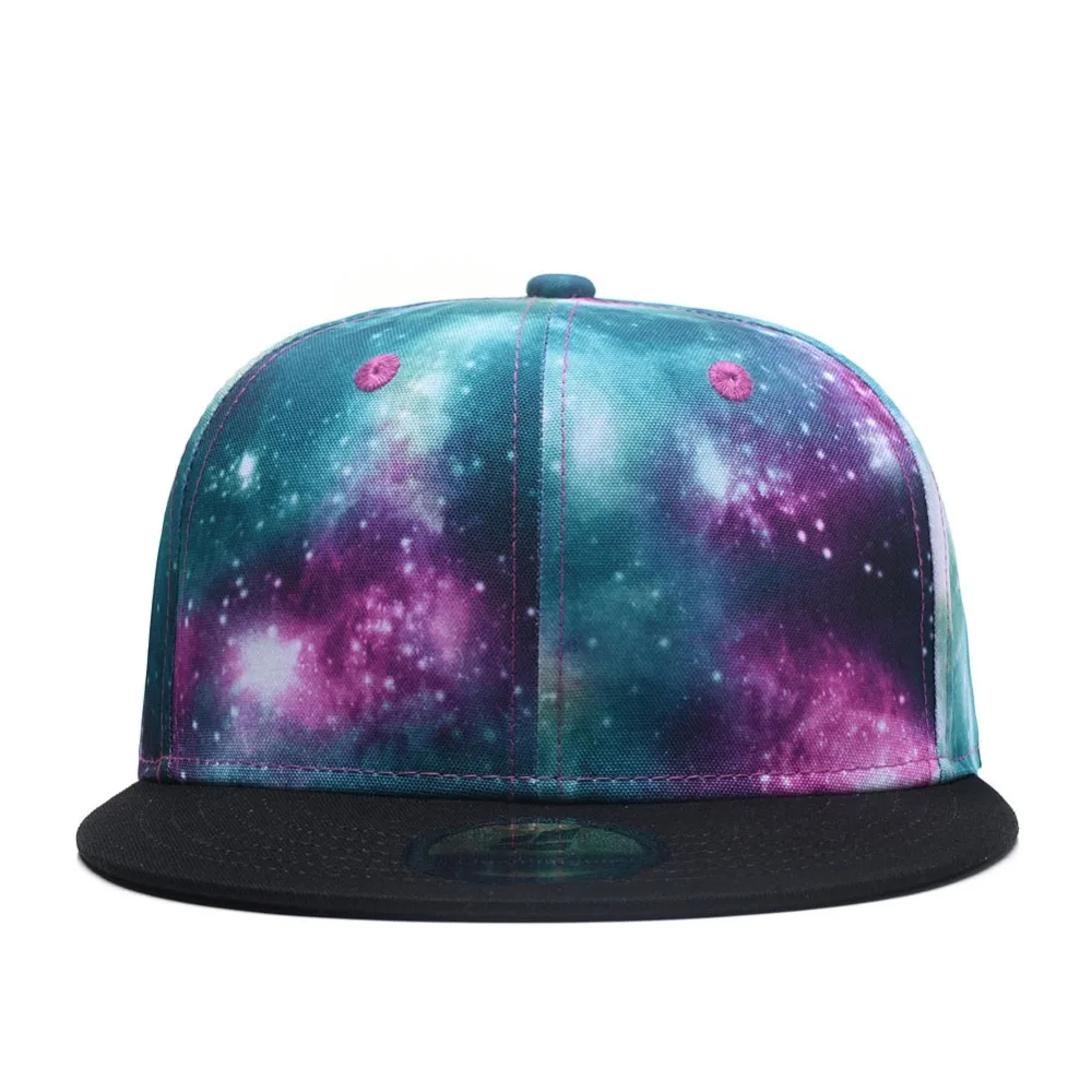 

Purple Black Galaxy Printed Dad Snapback Unisex Hat , Hip Hop Plaid Flat Bill Brim Adjustable Baseball Cap New Trucker Caps
