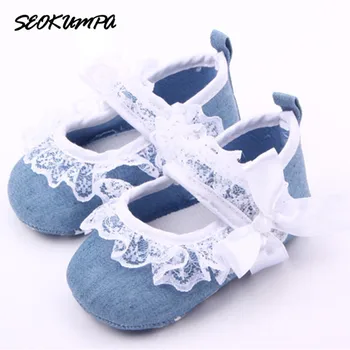 

New 2019 Baby Princess Girls Mary Jane Shoes First Walker Solid Denim Bow-knot Crib Bebe Striped Ballet Dress Walking Shoes