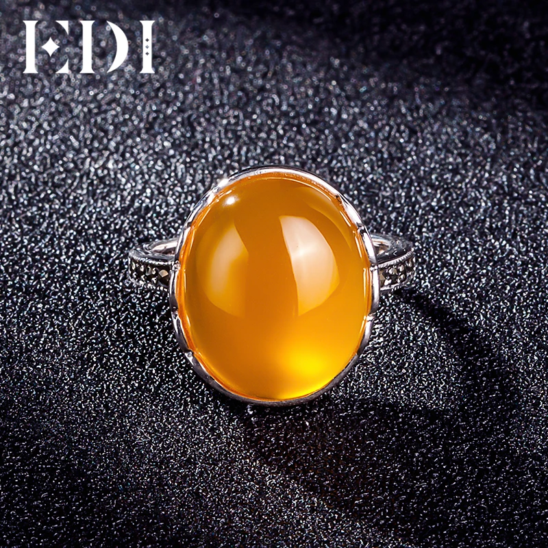 

EDI Retro Vintage Yellow Green Chalcedony Cocktail Party Silver Rings Round Females Bijoux 925 Sterling Silver Jewelry