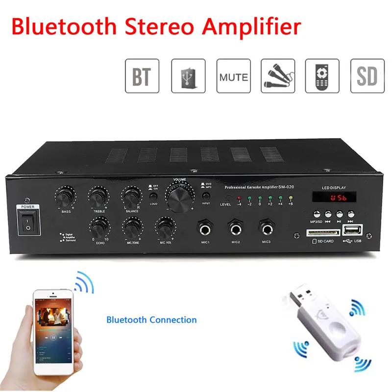 Bluetooth 4.0 HIFI Power Audio Amplifier Home Stereo 4-8 ohm 2 CH 3 MIC KTV Mixer Car Amplifier 220V Home Theater Amplifiers Bluetooth 4.0 HIFI Power Audio Amplifier Home Stereo 4-8 ohm 2 CH 3 MIC KTV Mixer Car Amplifier 220V Home Theater Amplifiers