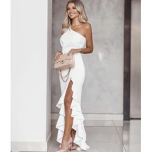 Dress Women Summer Vestidos Party Dress Sexy Long Irregular One Shoulder Elegant Bodycon Ruffles Slit Hem Floor-Length Dress burgundy sexy off shoulder irregular hem dress