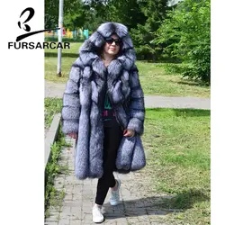 FURSARCAR Мода натуральный мех пальто Для женщин Зима Подлинная Silver Fox меховой с капюшоном 100 см Длина женский Природный Silver Fox пальто с мехом