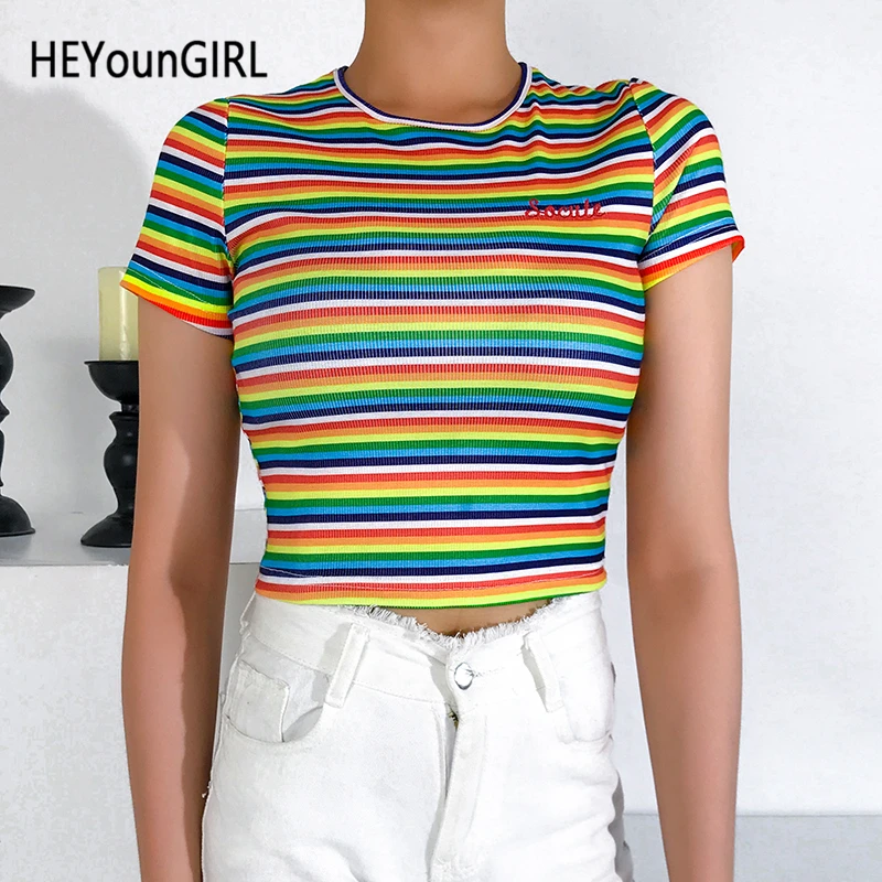 

HEYounGIRL Rainbow Stripes Short Sleeve Crop Top T Shirt Ladies Embroidery Letter Casual Woman Tshirt Top Harajuku Korean Summer