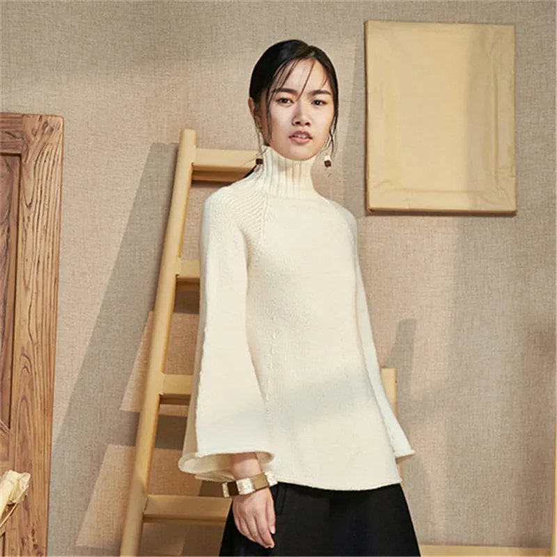  100%hand made pure wool turtleneck knit women streetwear solid slim flare sleeve pullover sweater o