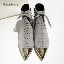 Luxury women genuine leather sheepskin suede ankle boots metallic pointed toe laced up kitten heel designer booties party shoes Luxury women genuine leather sheepskin suede ankle boots metallic pointed toe laced up kitten heel designer booties party shoes
