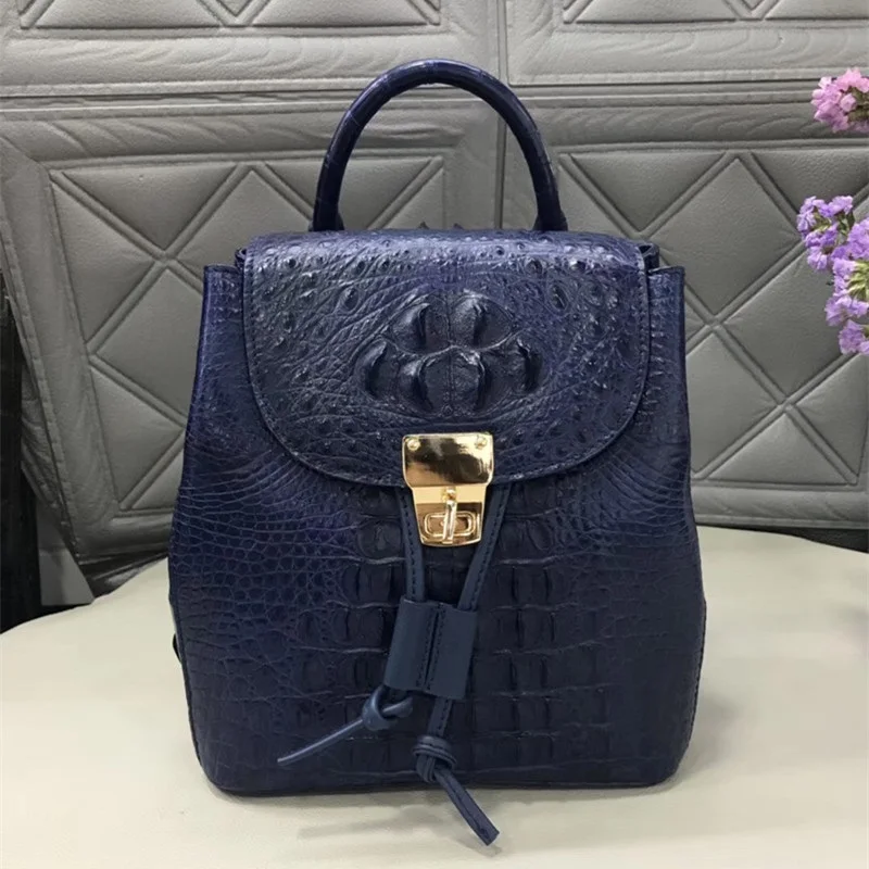 

Genuine Crocodile Skin Drawstring Closure Women's Small Blue Top-handle Backpack Authentic Alligator Leather Lady Mini Back Pack