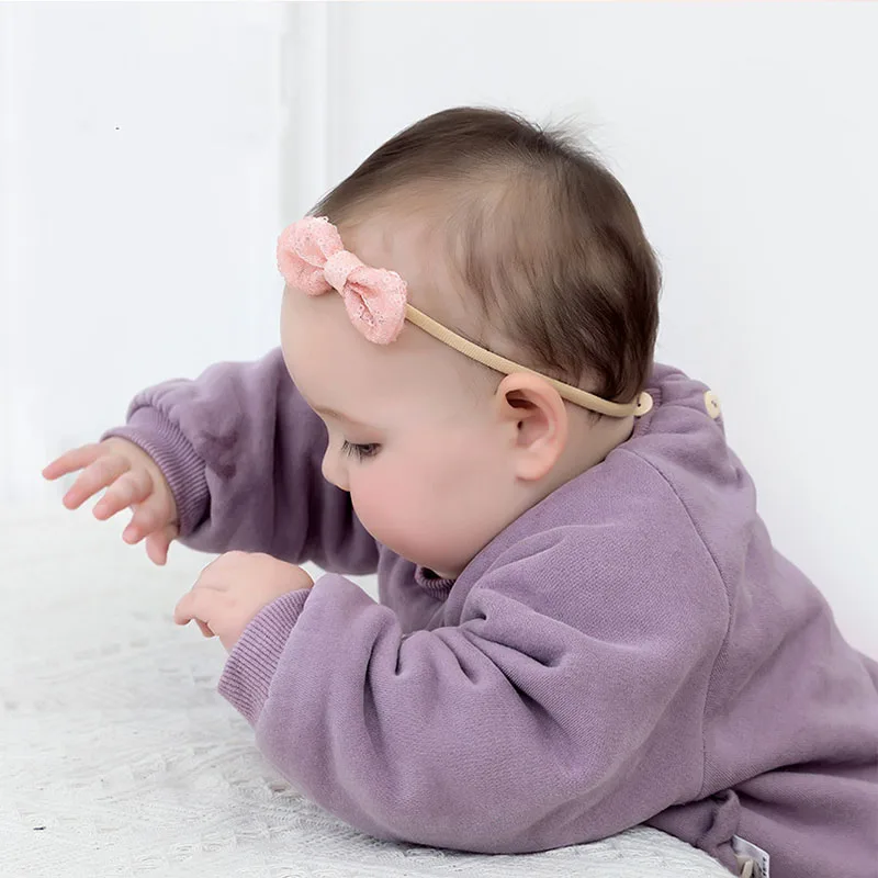 Fashion Shiny Baby Girl Nylon Elastic Headband Mini Ring Lace Bowknot Headdress Solid Color Newborn Baby Princess Headwear3