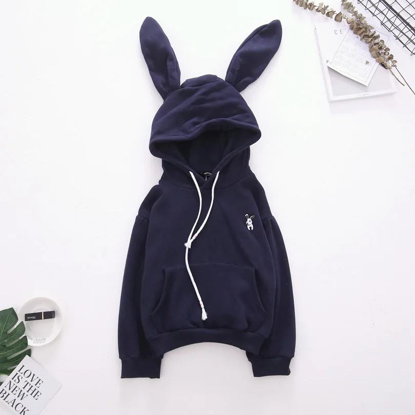 Осень Зима Embrodiery Кролик уха с капюшоном пуловер Harajuku японский Kawaii худи и толстовки для женщин плюшевые милые