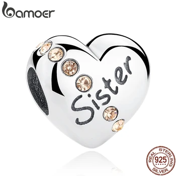 

BAMOER Christmas Gift 100% 925 Sterling Silver Sister's Love, Pink CZ Charms fit Bracelet Beads & Jewelry Makings SCC008